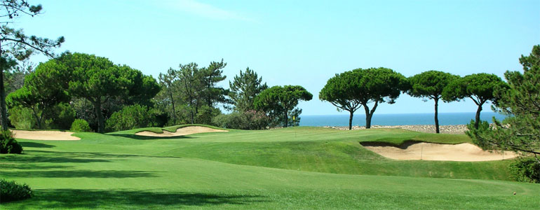 Golf course, with bunkers, trees and sea view